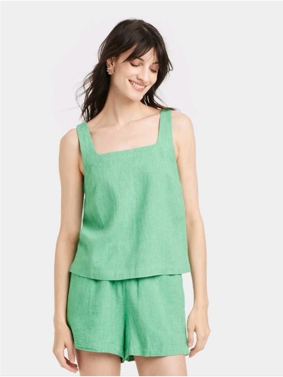 a new day Tops - a new day Green Square-Neck Linen Tank